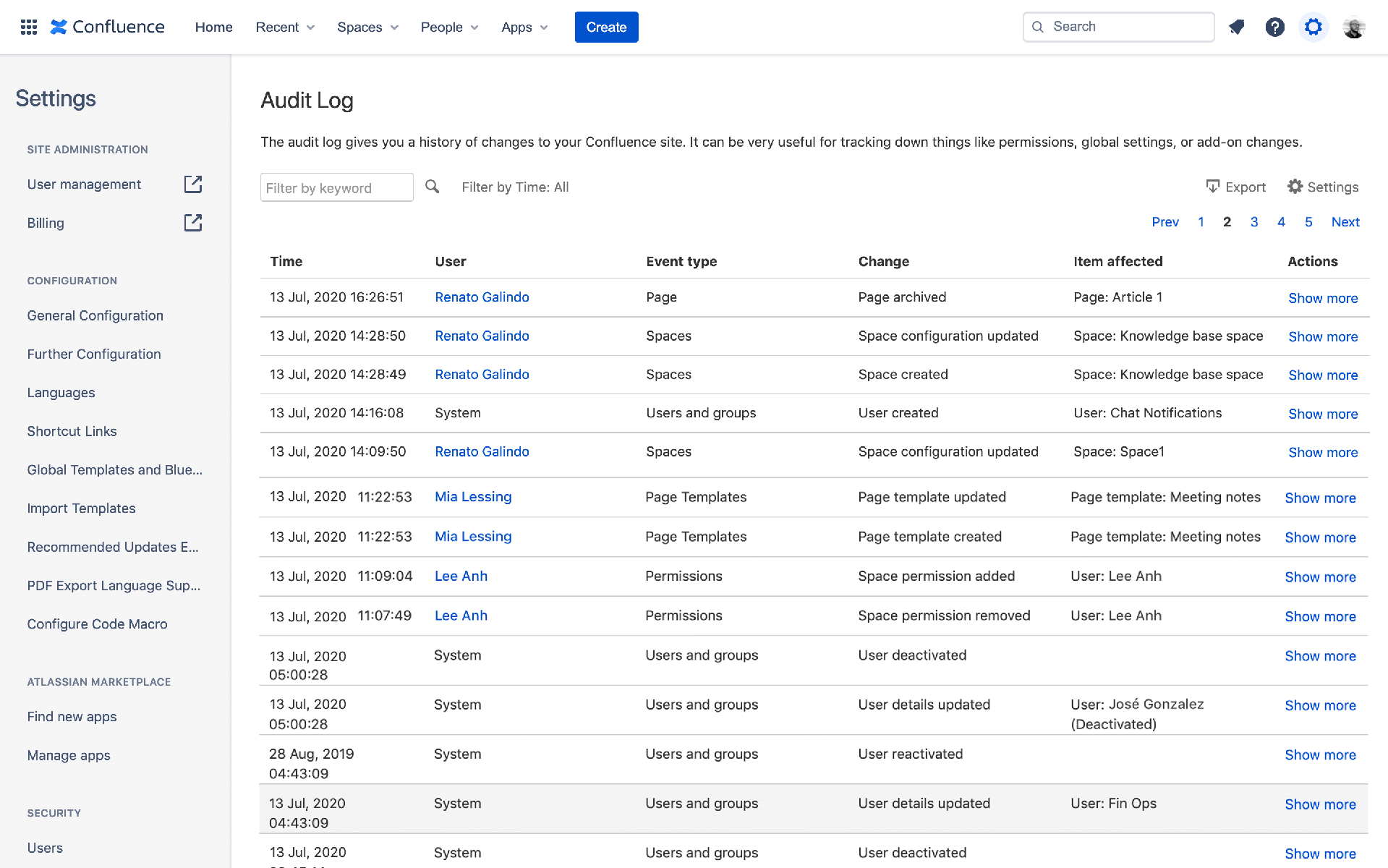 Screenshot di audit log