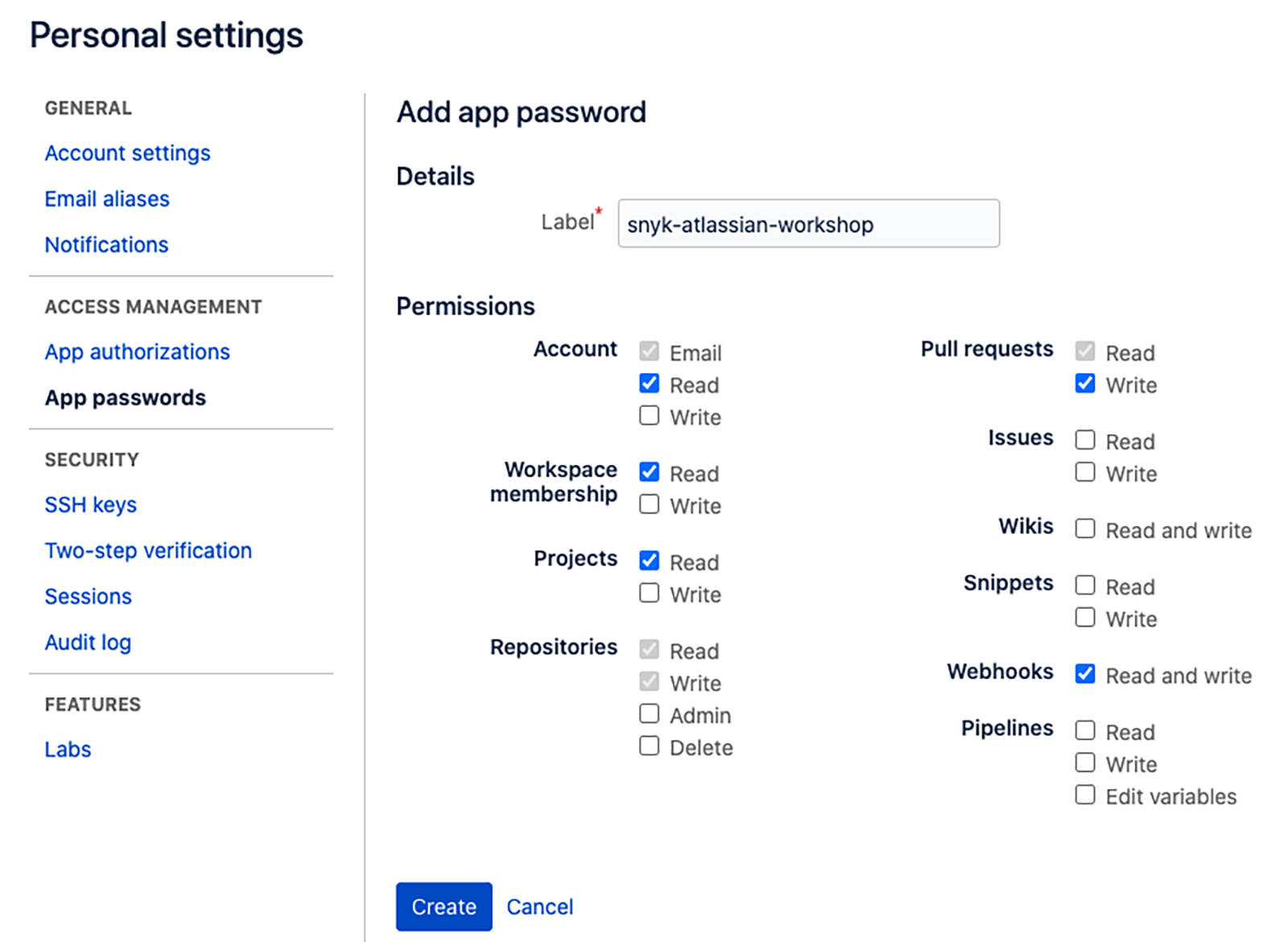 Personal settings window
