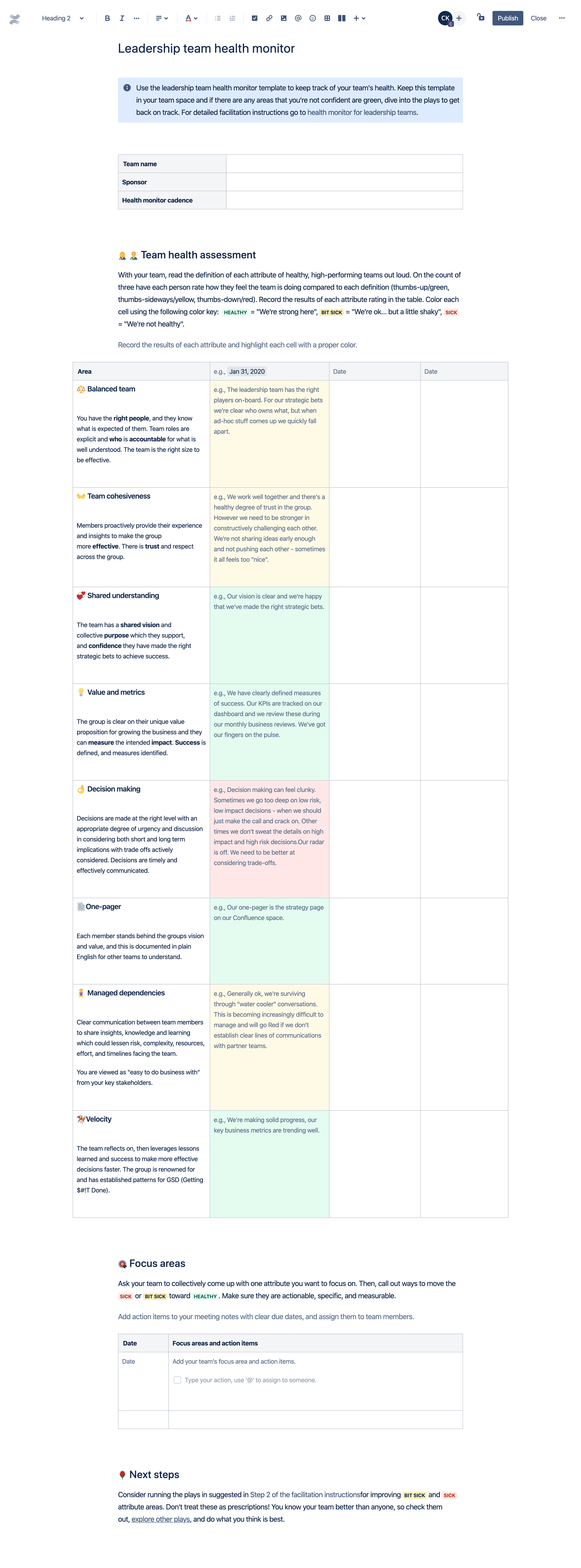 Leadership team health monitor template