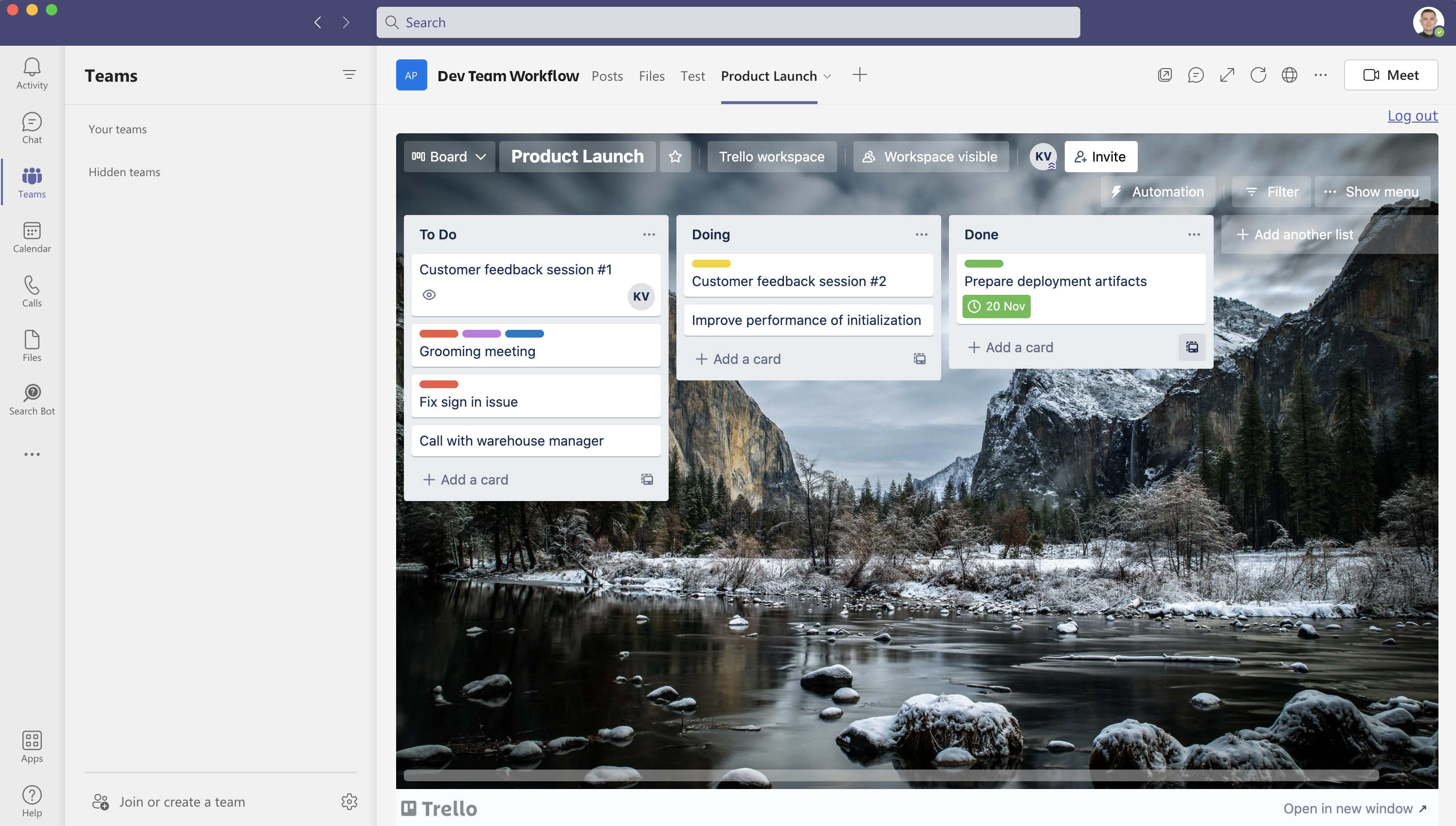 Capture d'écran de Trello pour Microsoft Teams, image d'un tableau Trello intégré à Microsoft Teams