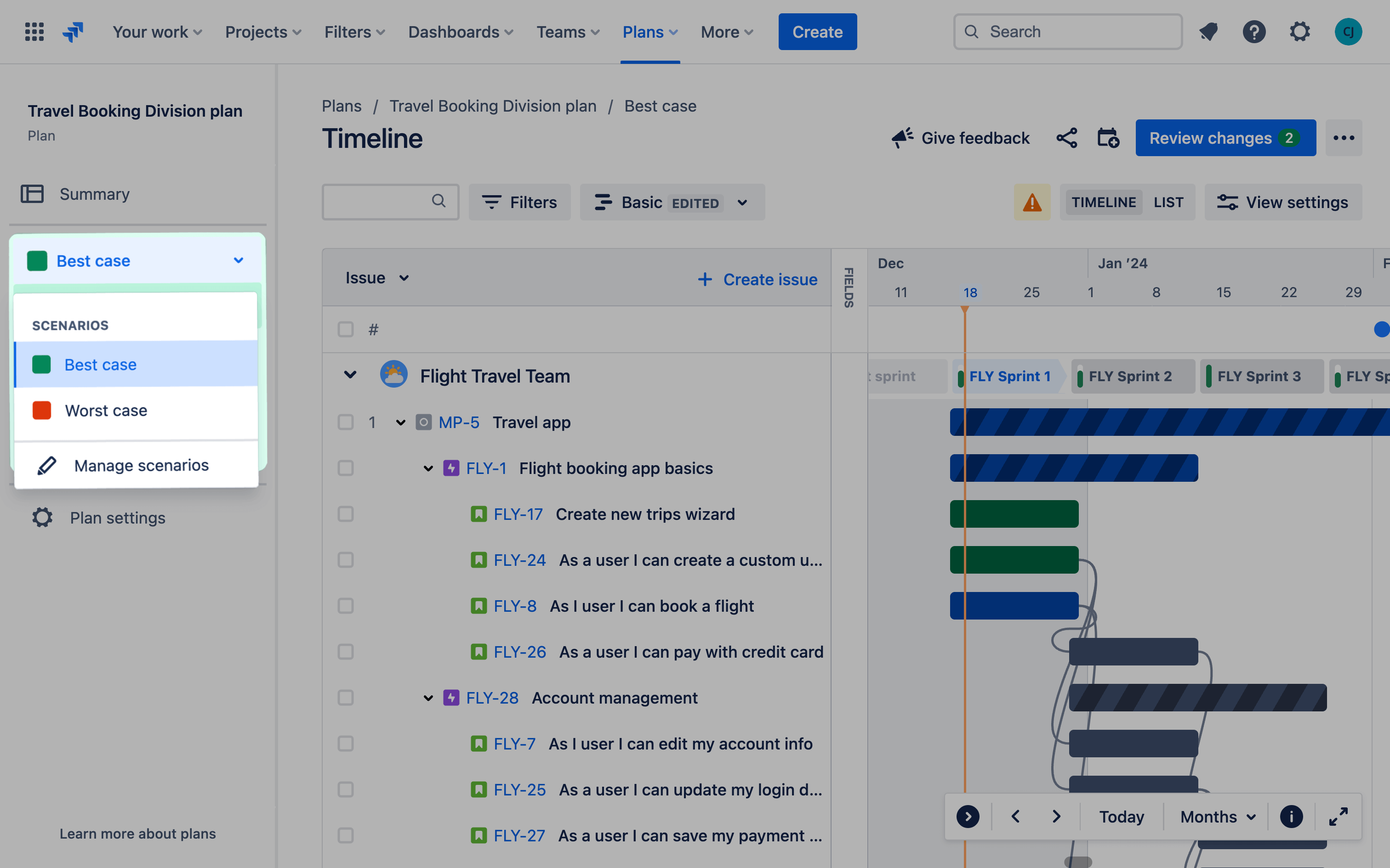 Modellierung von Best- und Worst-Case-Szenarien in Jira Plans