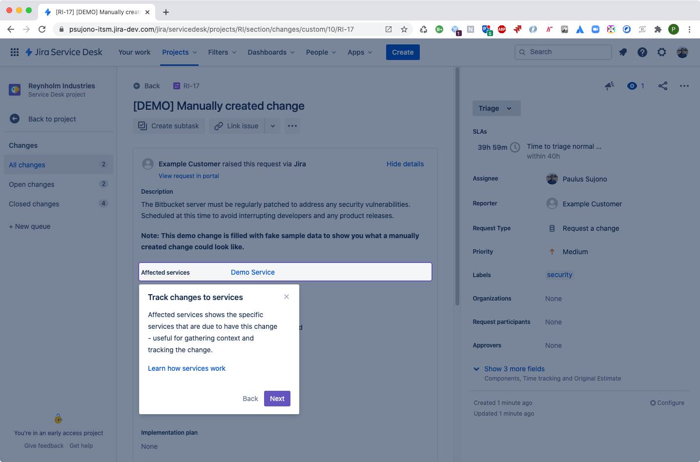 Fenêtre contextuelle de suivi des changements de service