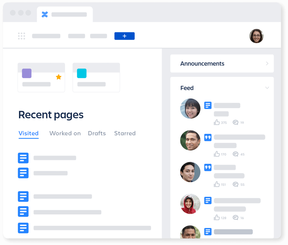 Recent pages and announcements feed in Confluence