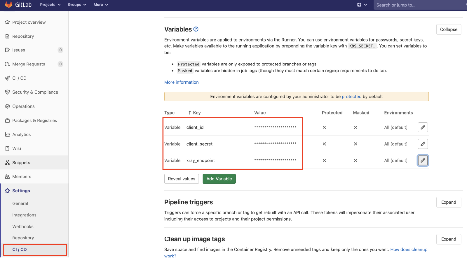 Gitlab set variables