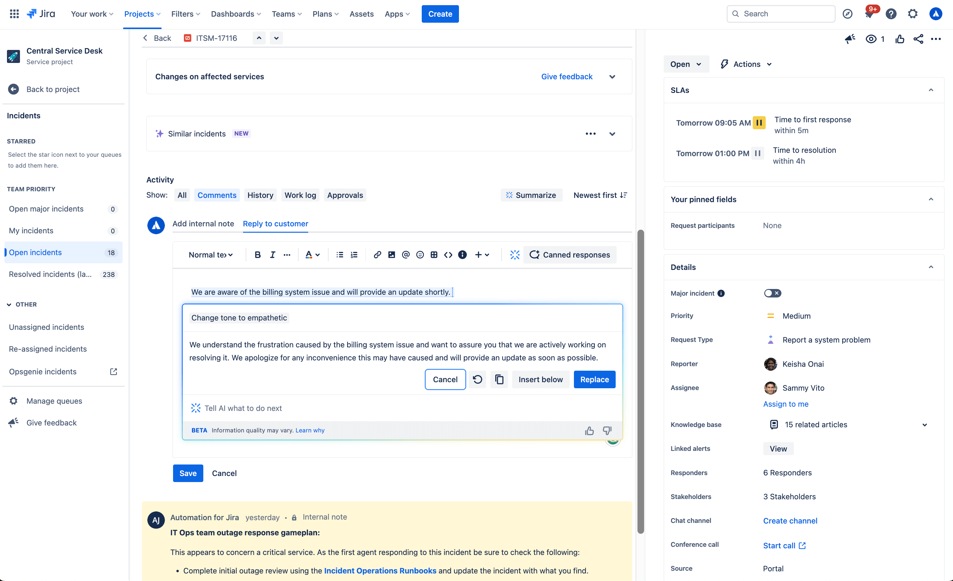 Jira Service Management 中队列的屏幕截图