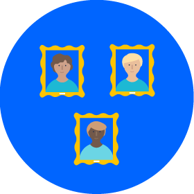 Diagramm auf blauem, kreisförmigem Hintergrund mit Punkten und drei Häkchen im oberen linken Quadrant