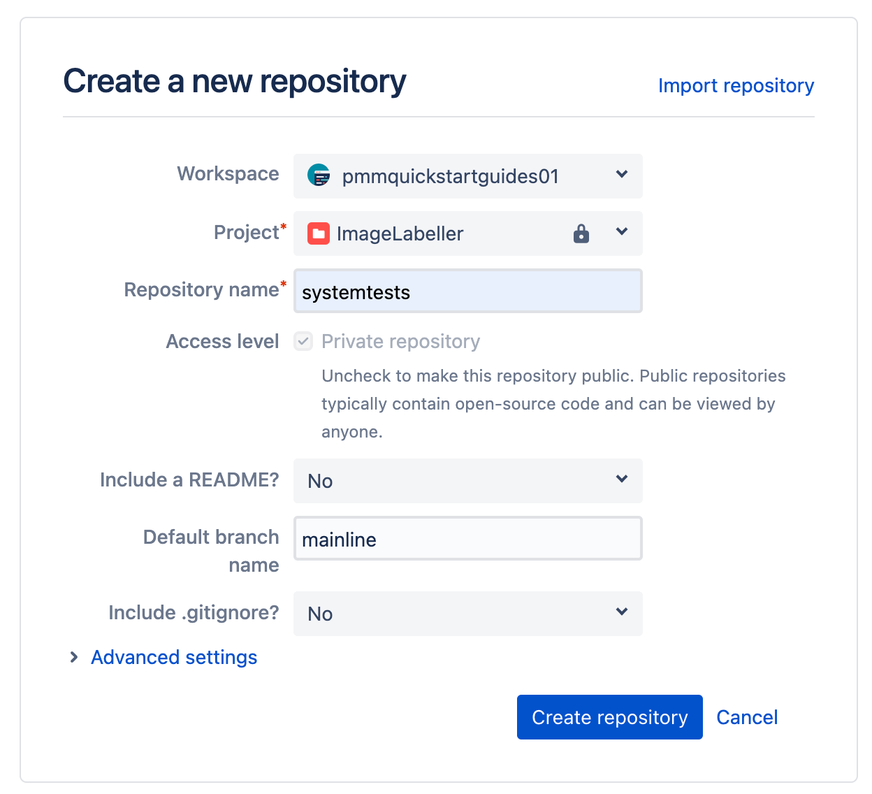 Entering information when creating a new repository in Bitbucket