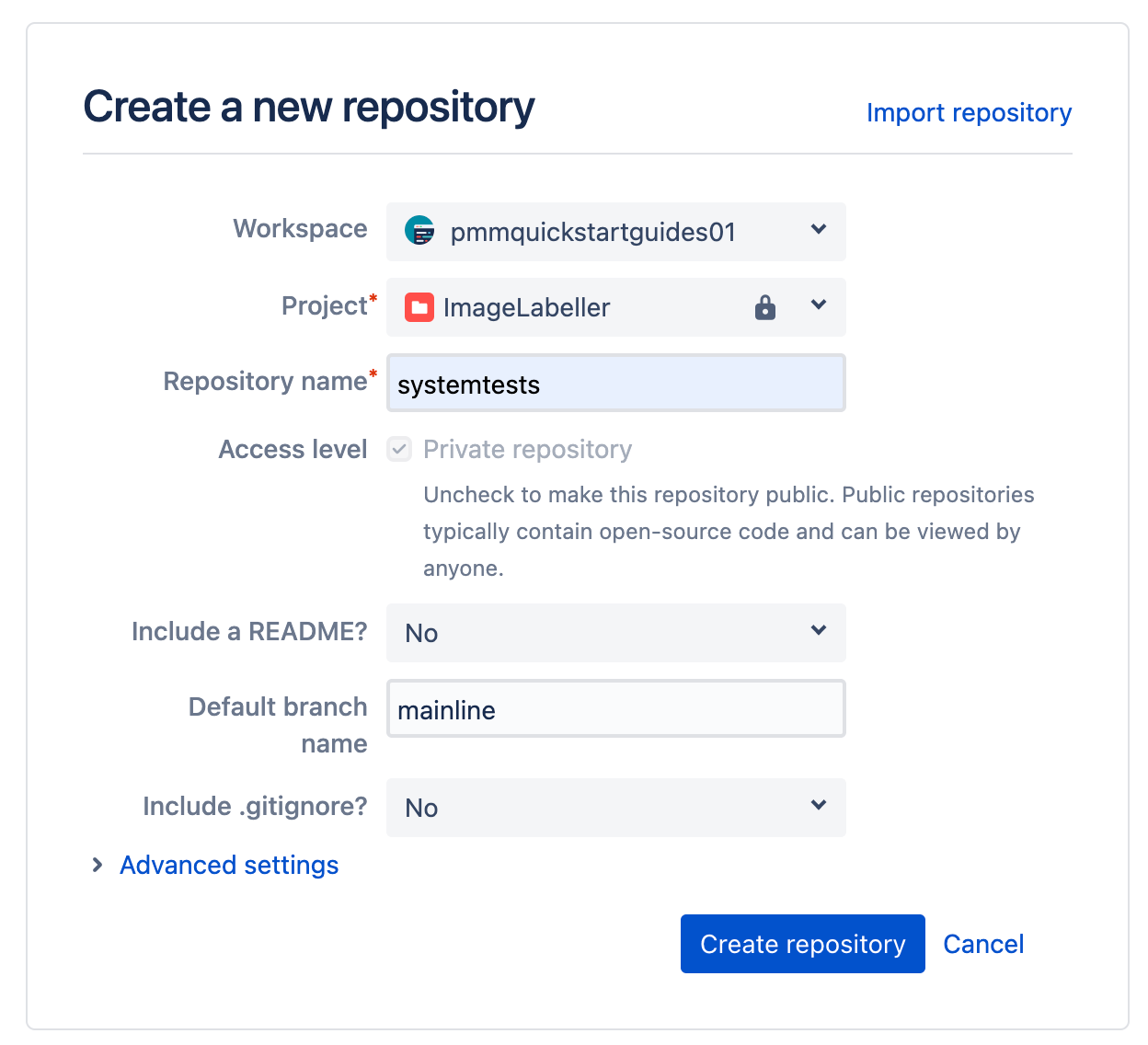 Introducir información al crear un nuevo repositorio en Bitbucket