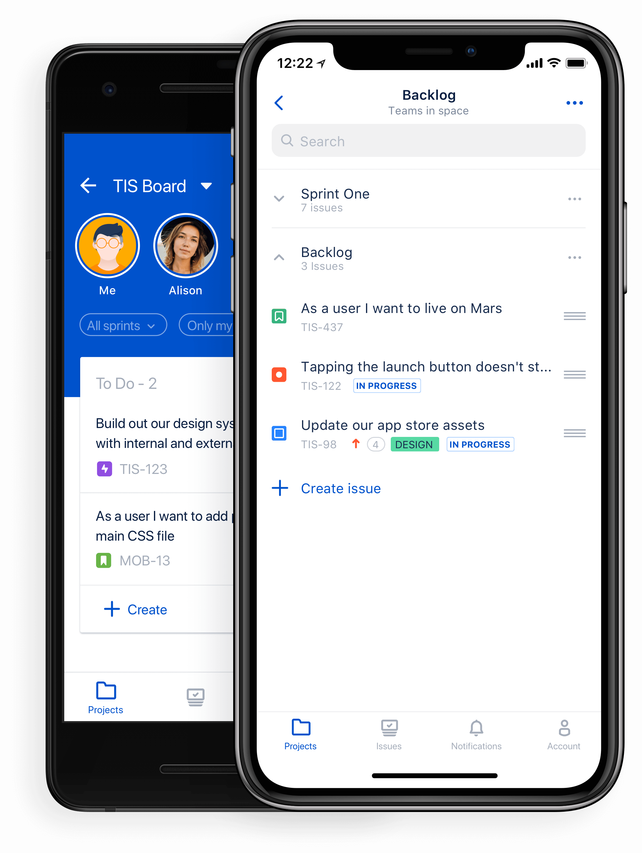 Capture d'écran du produit Jira Cloud mobile sur un appareil mobile, affichant des tableaux et des backlogs