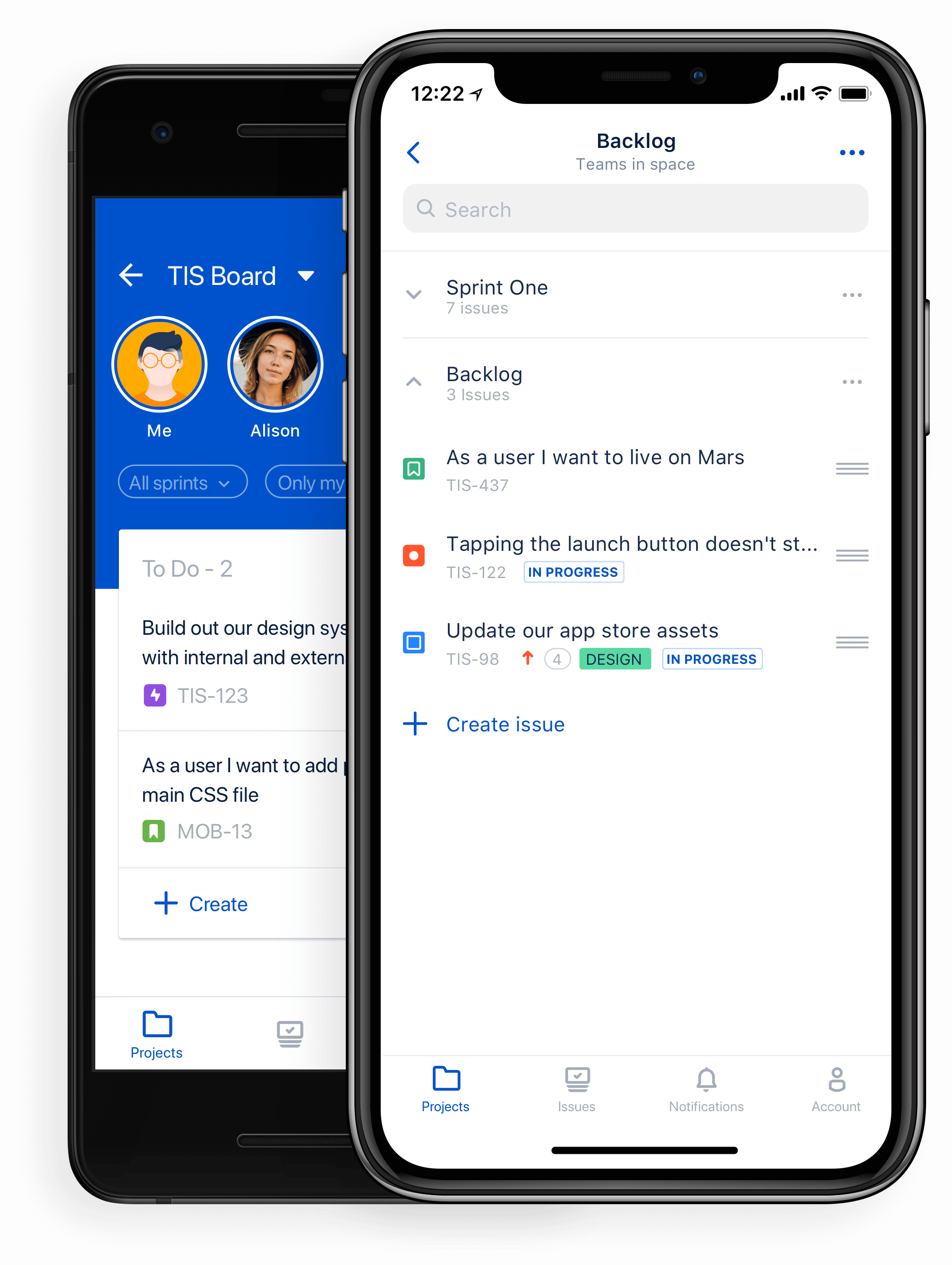 Istantanea del prodotto Jira Cloud Mobile su un dispositivo mobile con visualizzati board e backlog