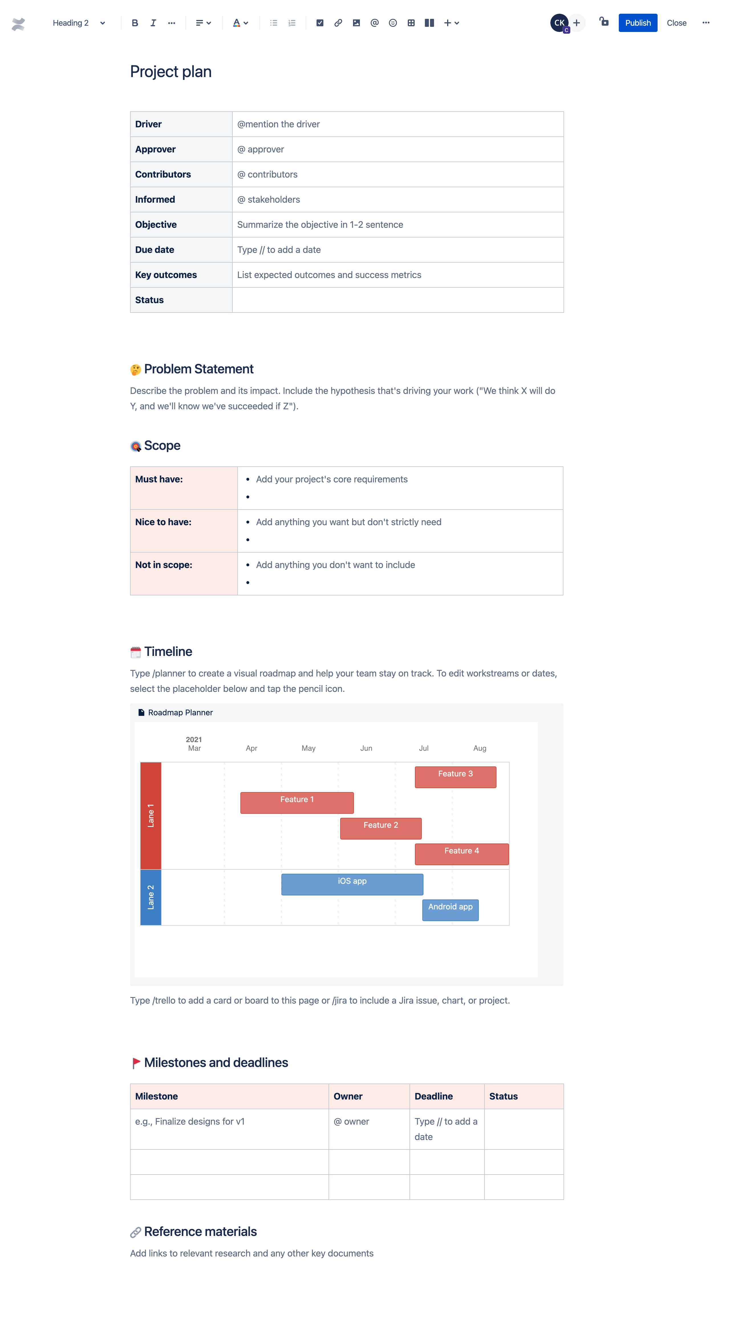 Project plan Confluence template