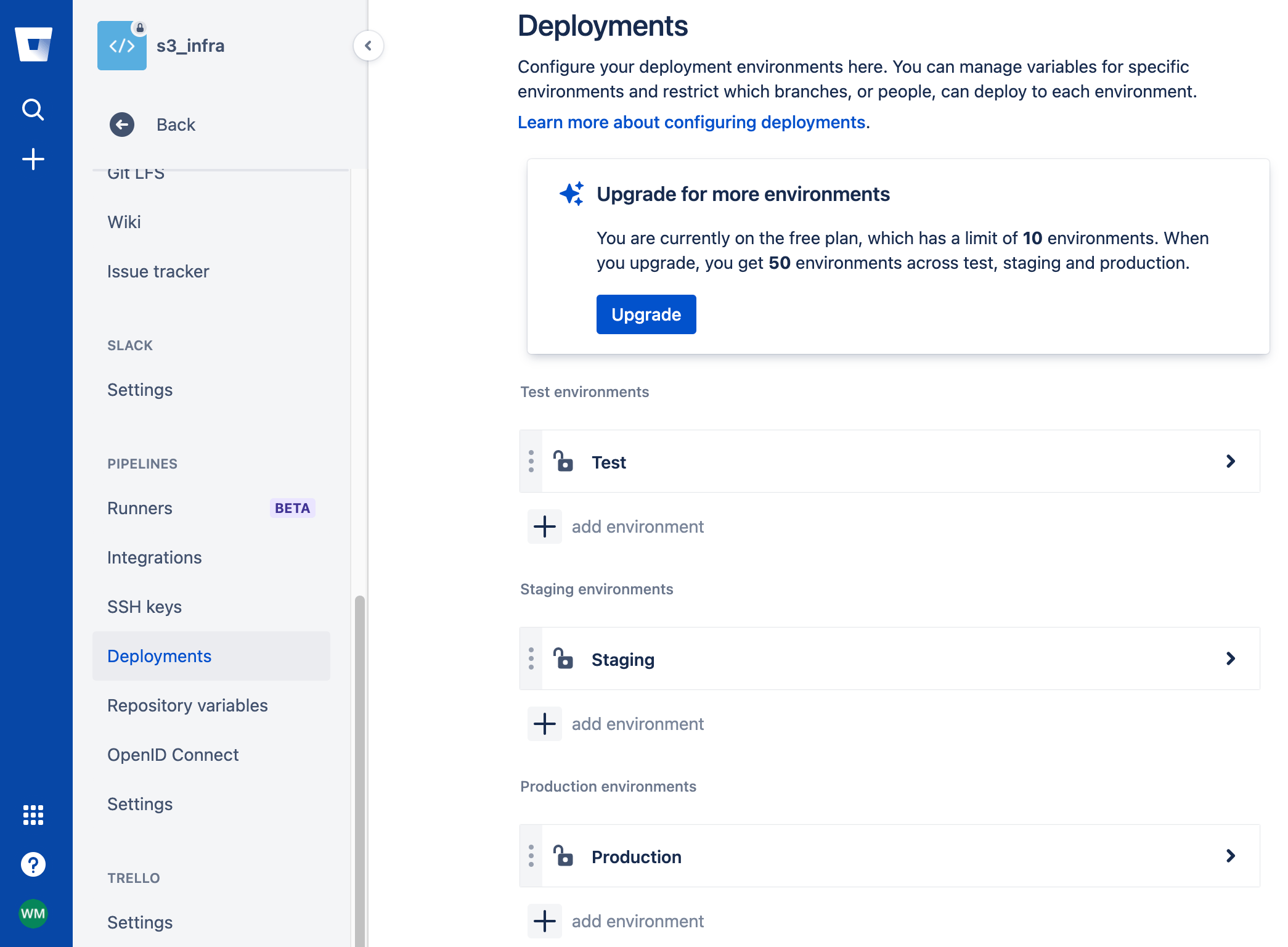 Deployments settings screen in Bitbucket