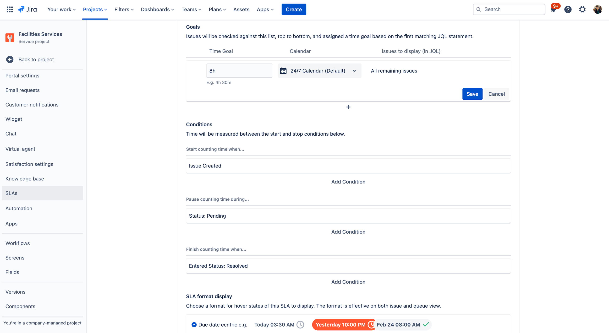 screenshot of Service level agreement (SLA) settings