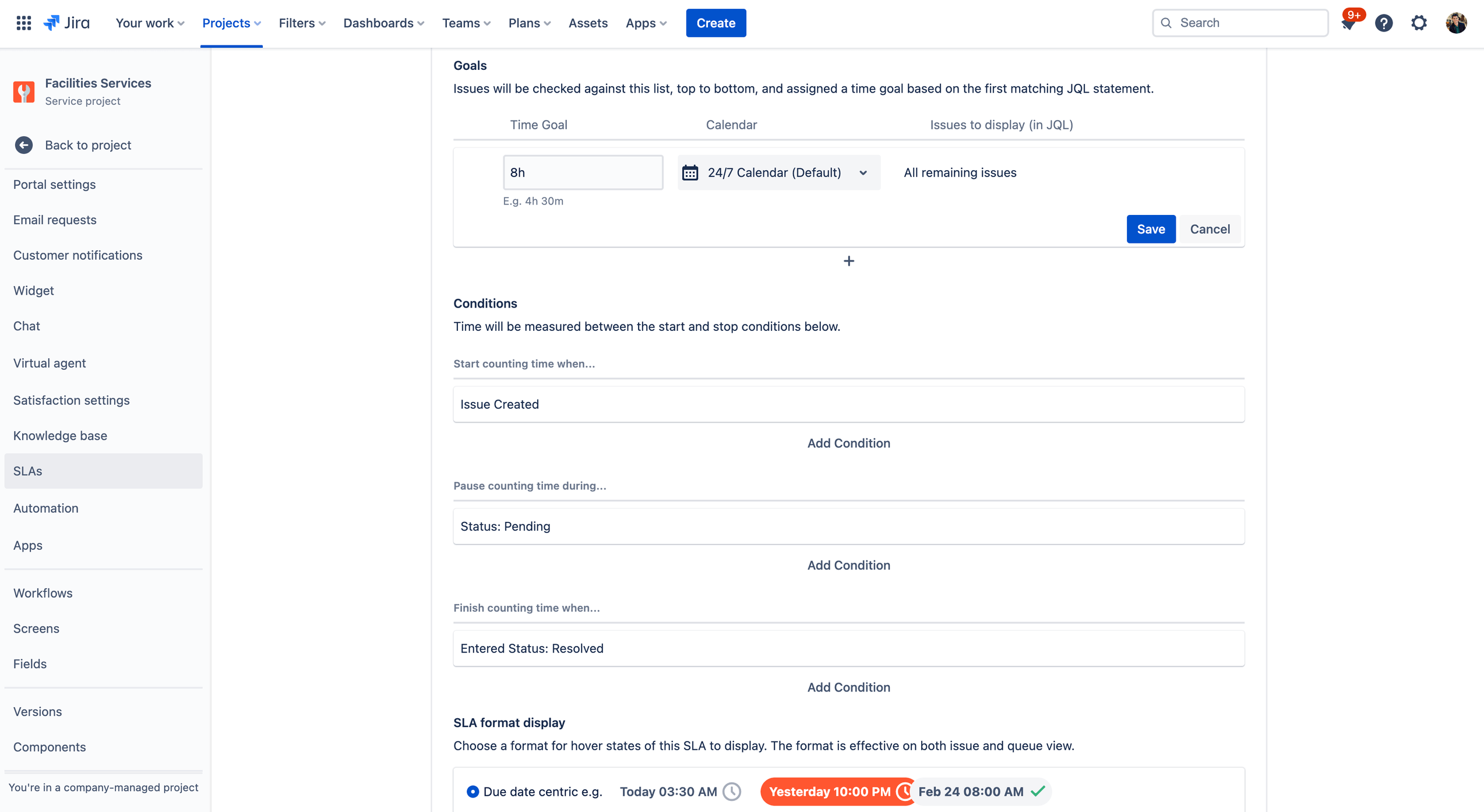 captura de tela de Configurações do acordo de nível de serviço (SLA)