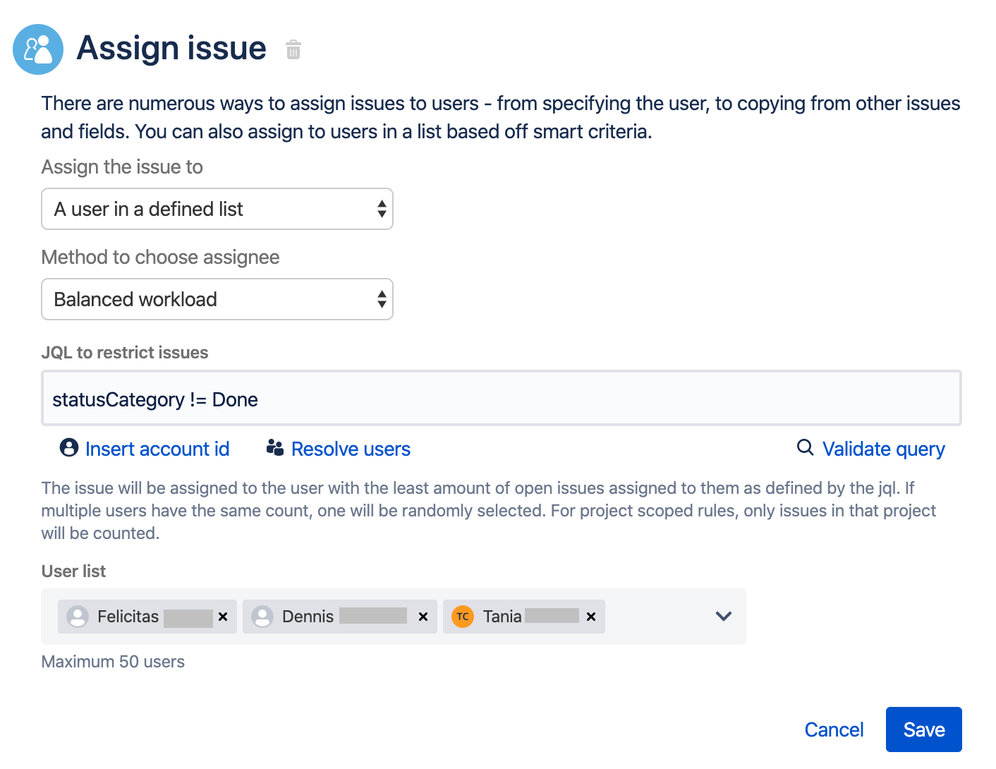 Выбор участников команды при настройке действия Assign issue (Назначить действие).