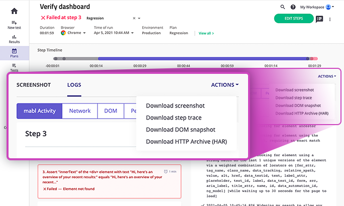 mabl diagnostics screenshot