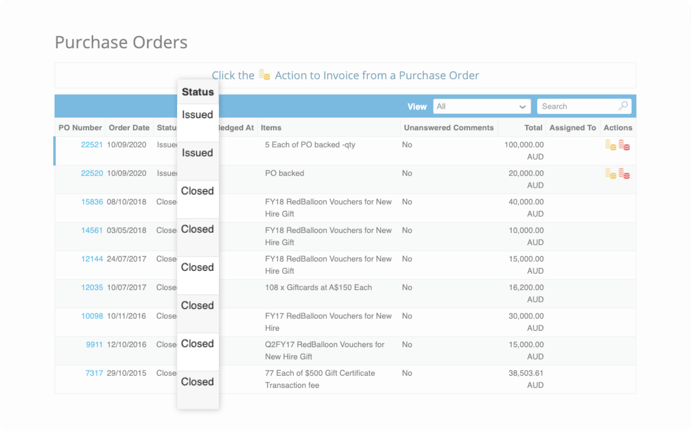Supplier needs to go to Orders tab and search for the PO to be used. Click the yellow coins to start creating an invoice