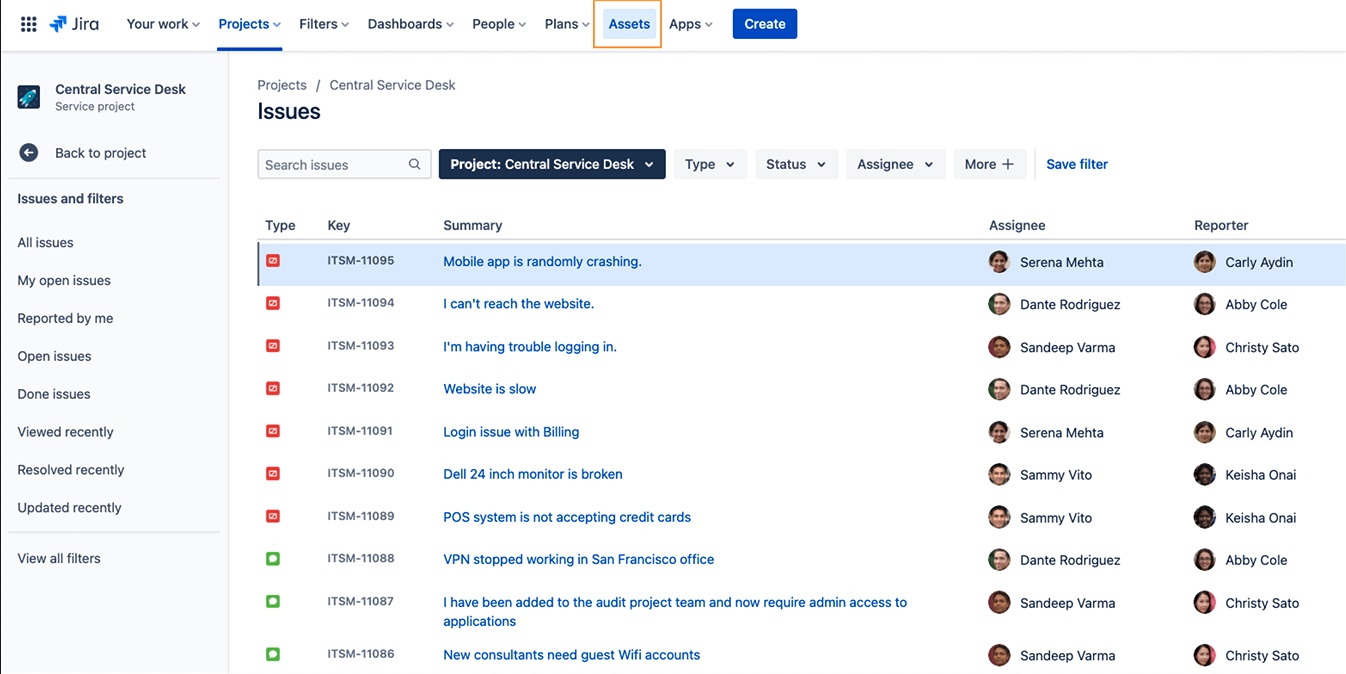 Open Assets in het bovenste menu in Jira Service Management Premium of Enterprise