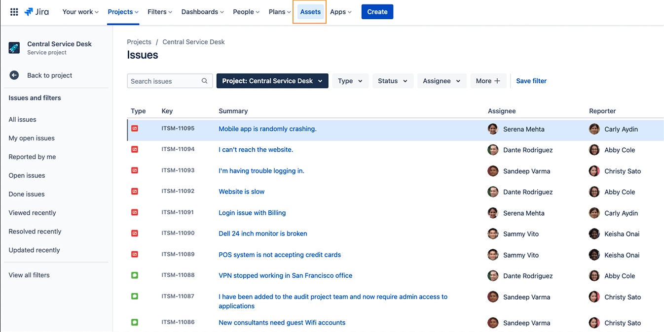 Jira Service Management Premium 또는 Enterprise의 상단 메뉴를 통해 자산에 액세스합니다