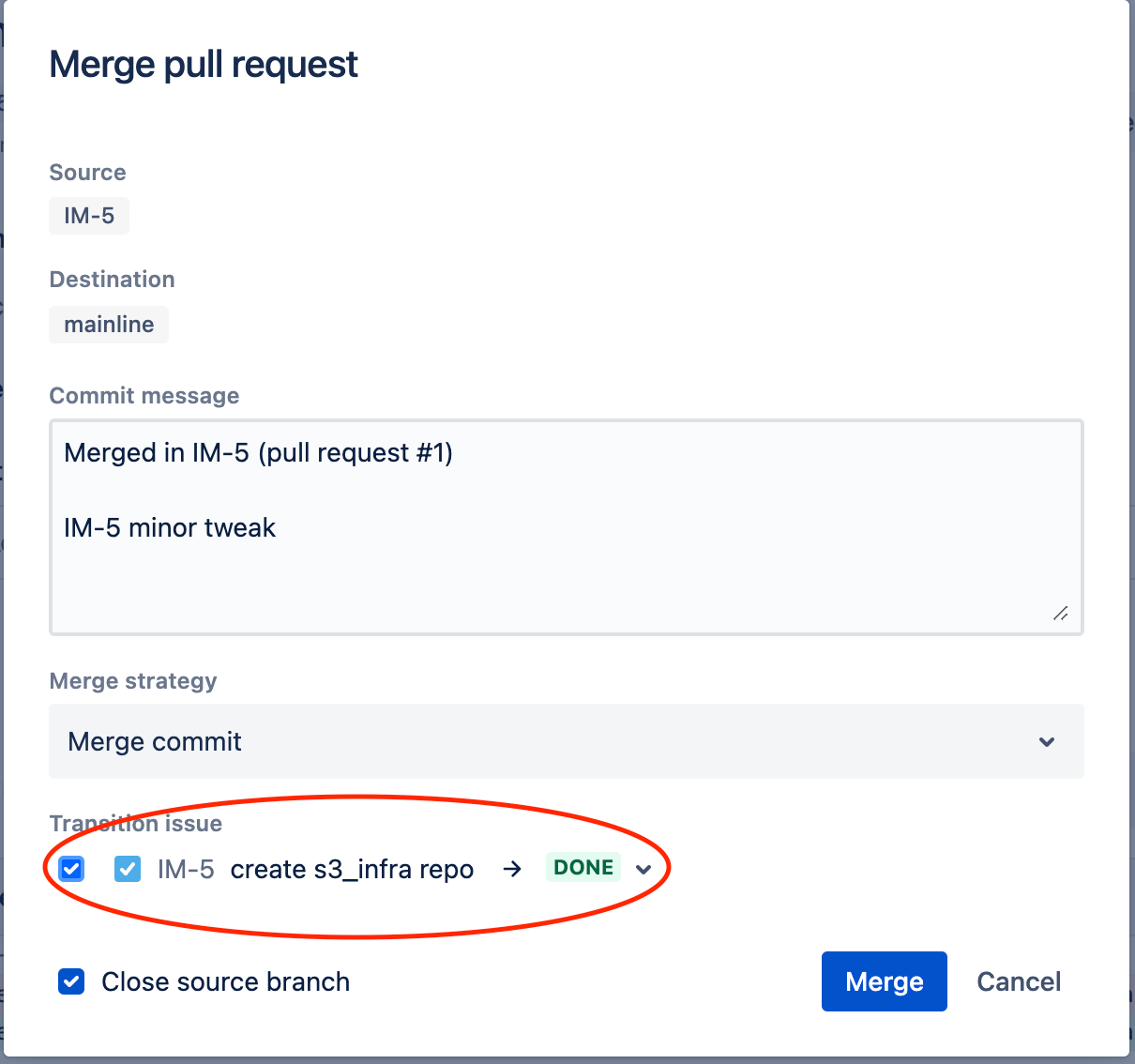 Selezione della casella di controllo relativa alla transizione del ticket durante il merge della pull request in Bitbucket