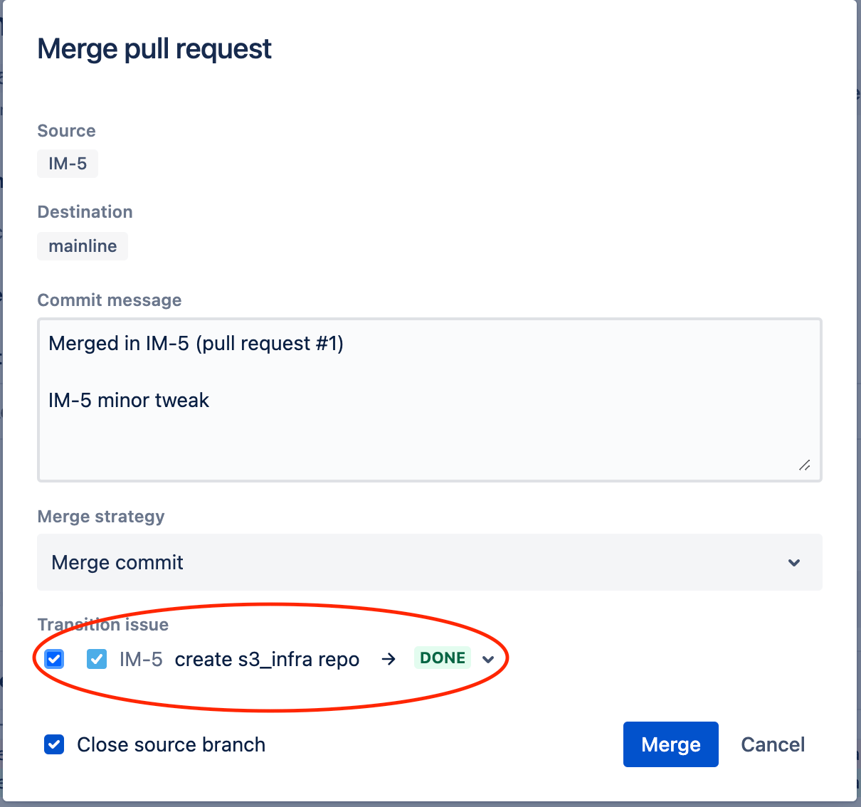 Check "transition issue" checkbox when merging pull request in Bitbucket