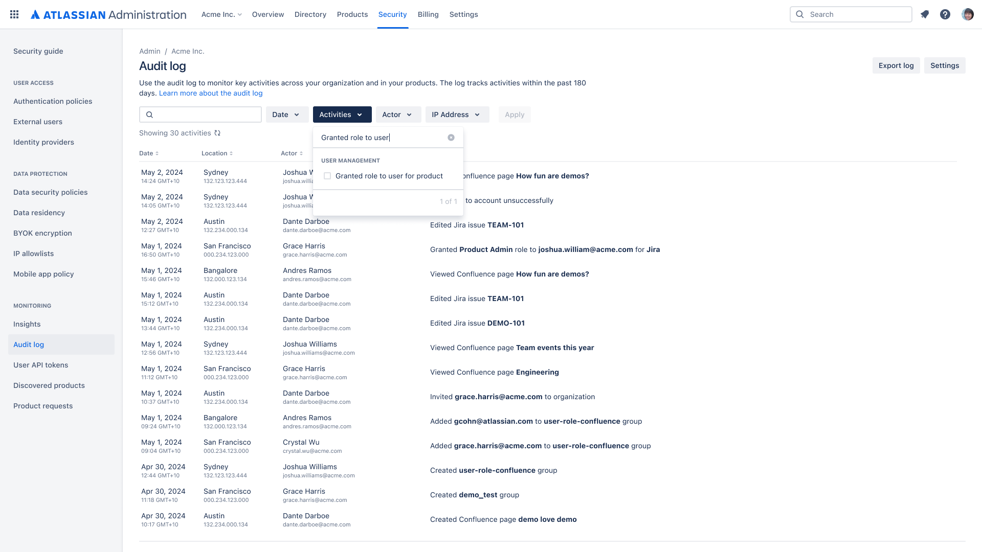 Organization audit log: Admin activity screenshot