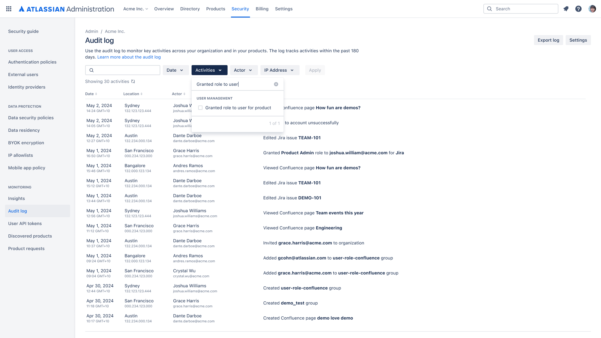 Screenshot dell'audit log dell'organizzazione: attività di amministrazione