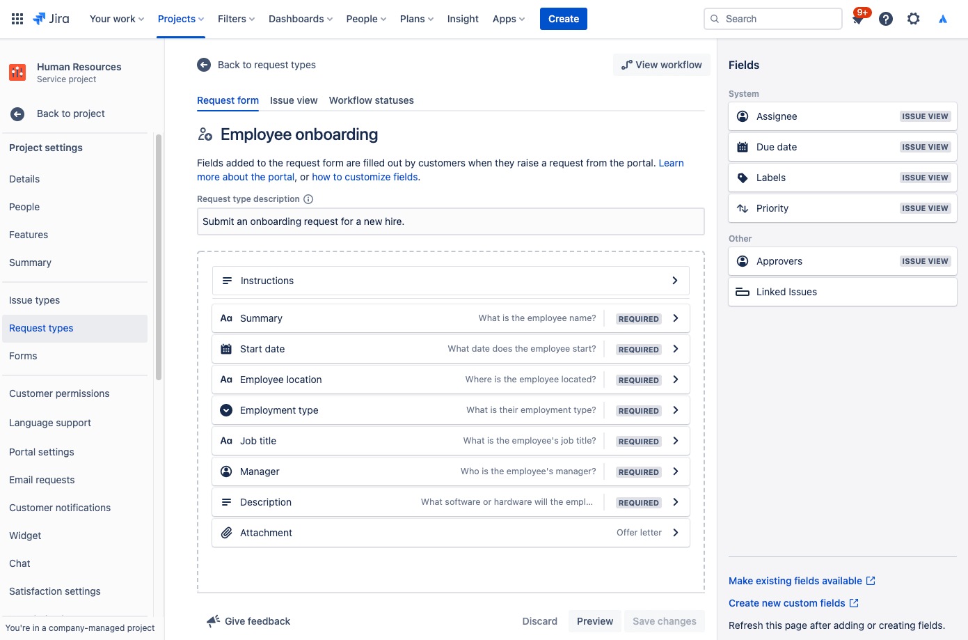 screenshot of Editing the employee onboarding request type