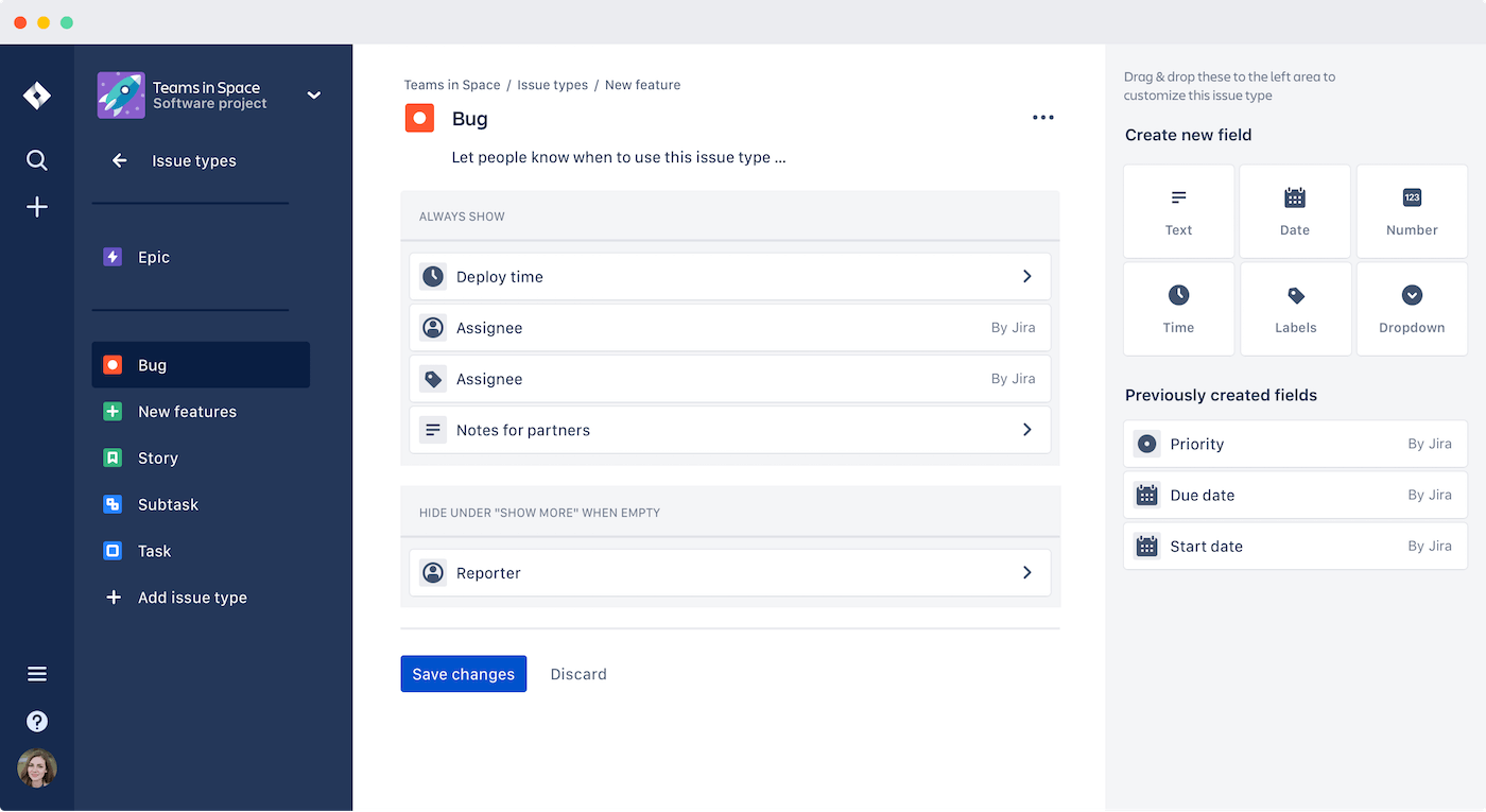 Screenshot van Jira-issuetypen