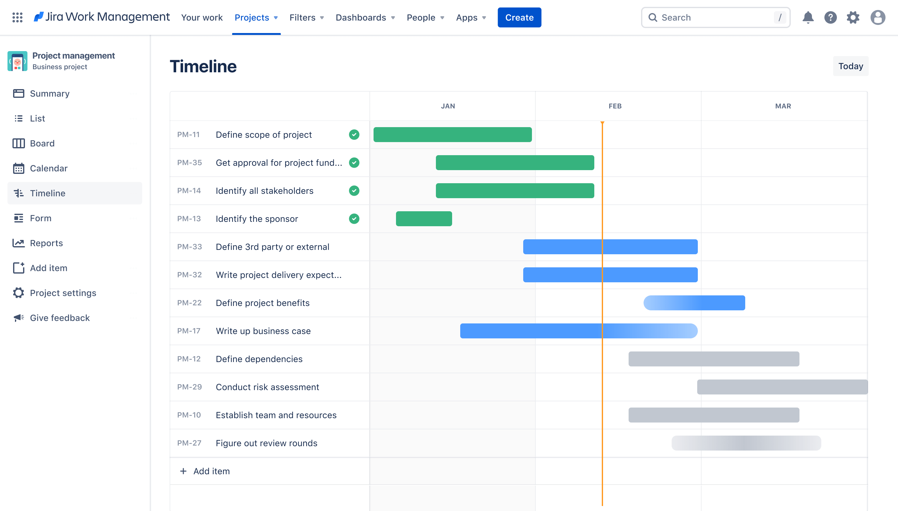Project management timeline view on Jira Work Management, Jira software