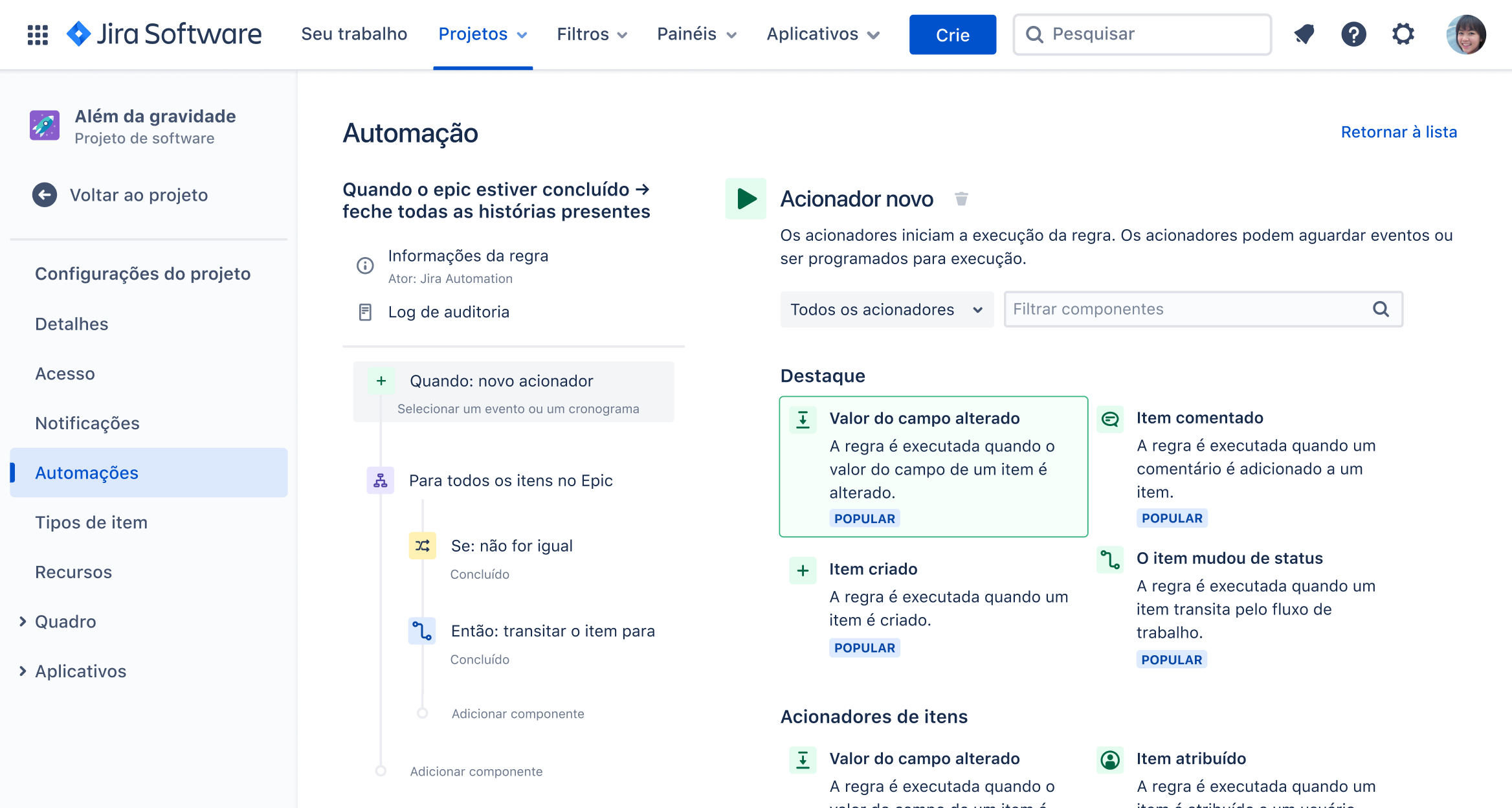 Tela de automações no Jira Software