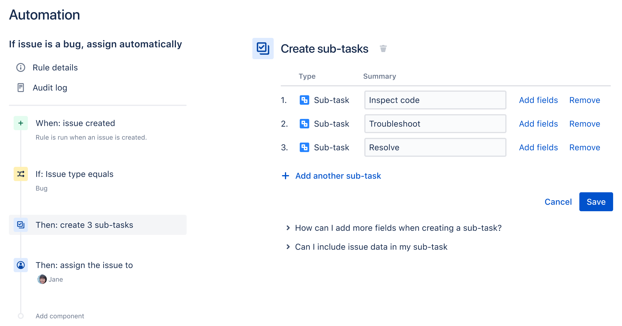 Beispiel für die Erstellung einer einfachen Regel, bei der automatisch Sub-Tasks für neue Bugs hinzugefügt und einem Benutzer zugewiesen werden.