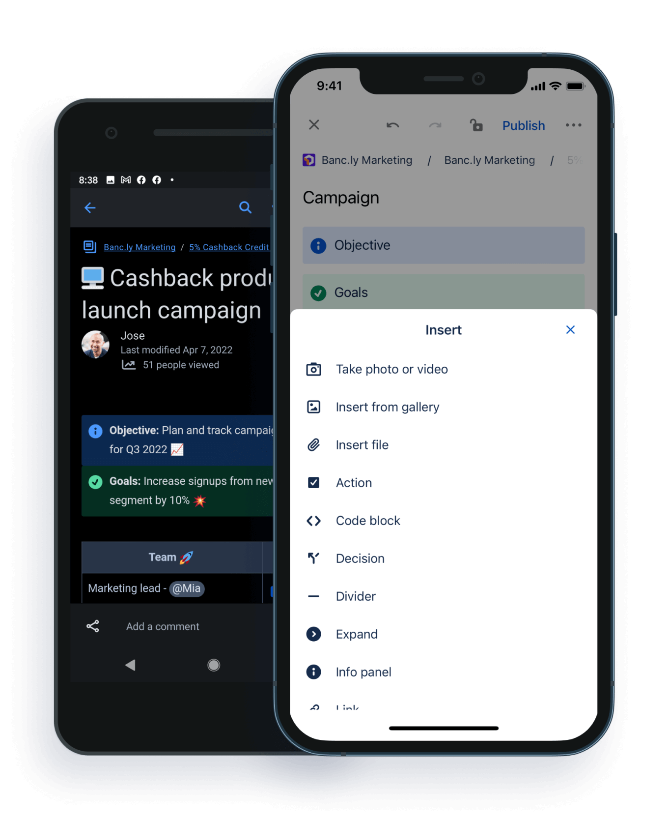 Example menu options in Confluence Mobile