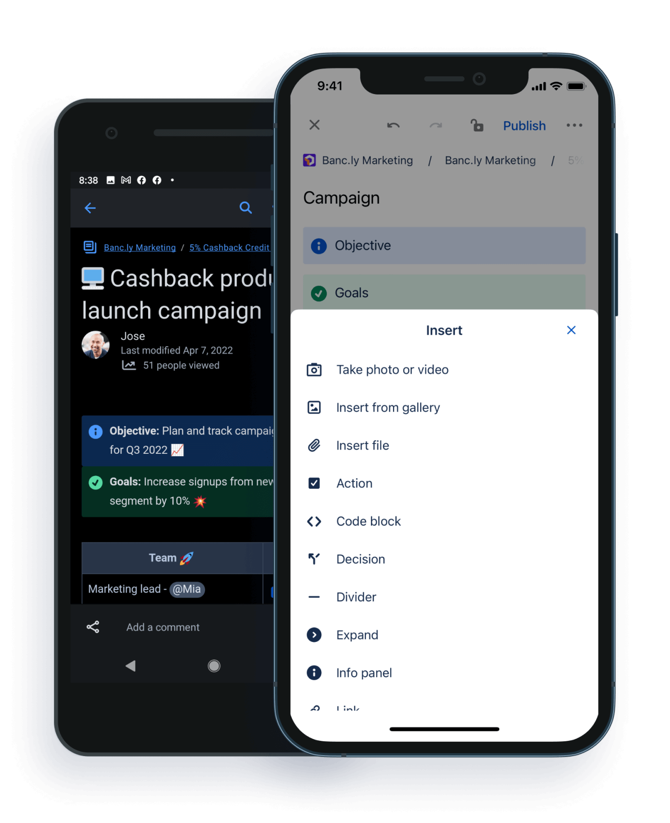 Confluence Mobile의 메뉴 옵션 예시