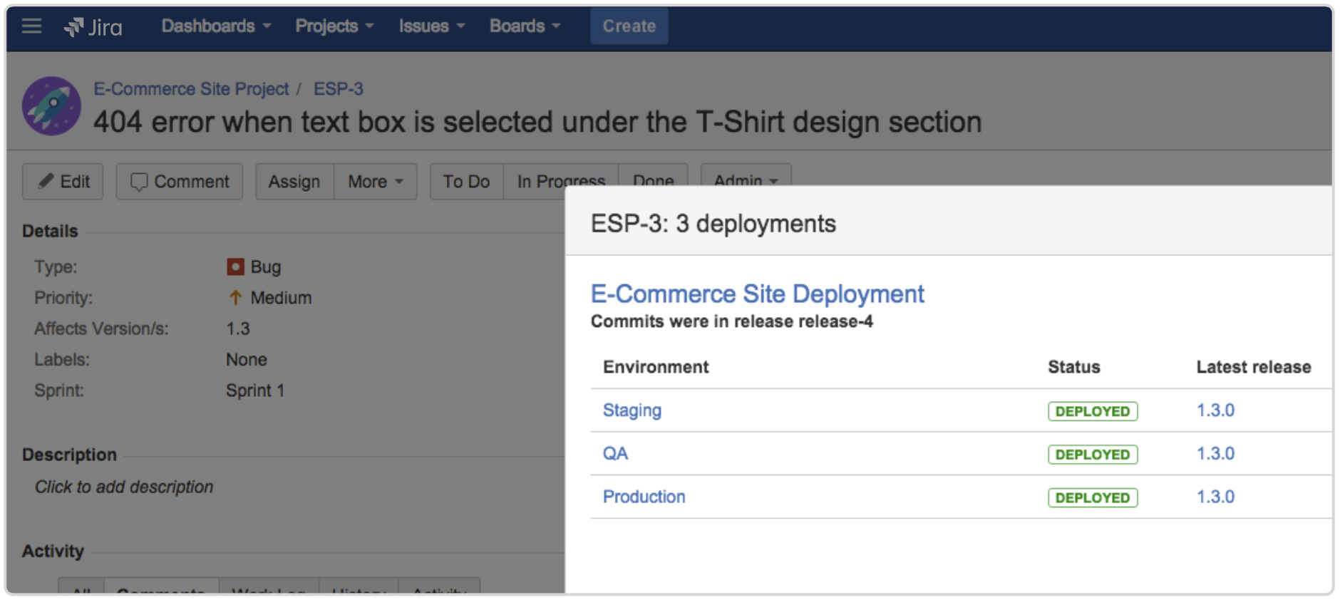 Jira deployments screenshot