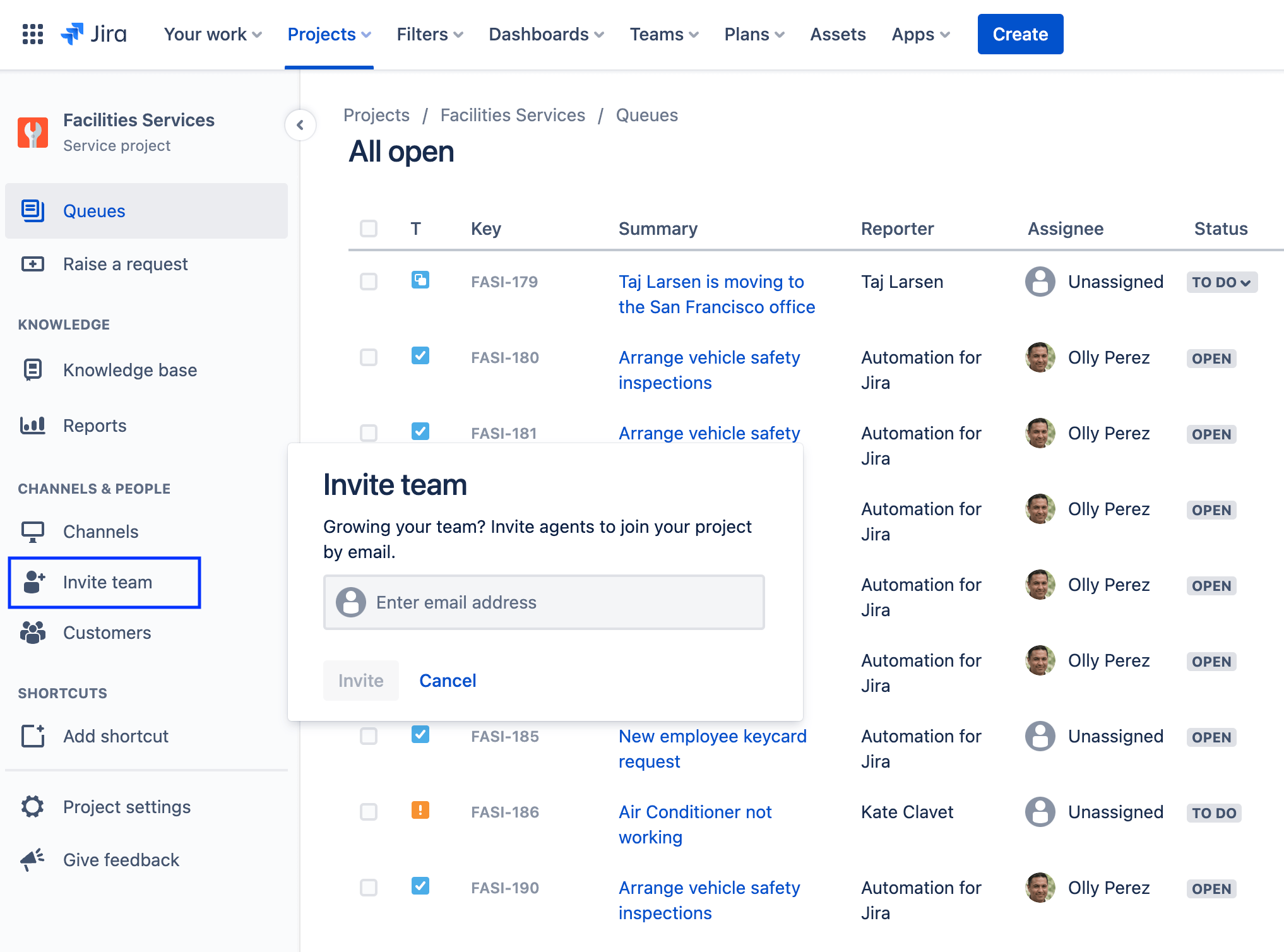 captura de tela do Convide a equipe para usar o Jira Service Management