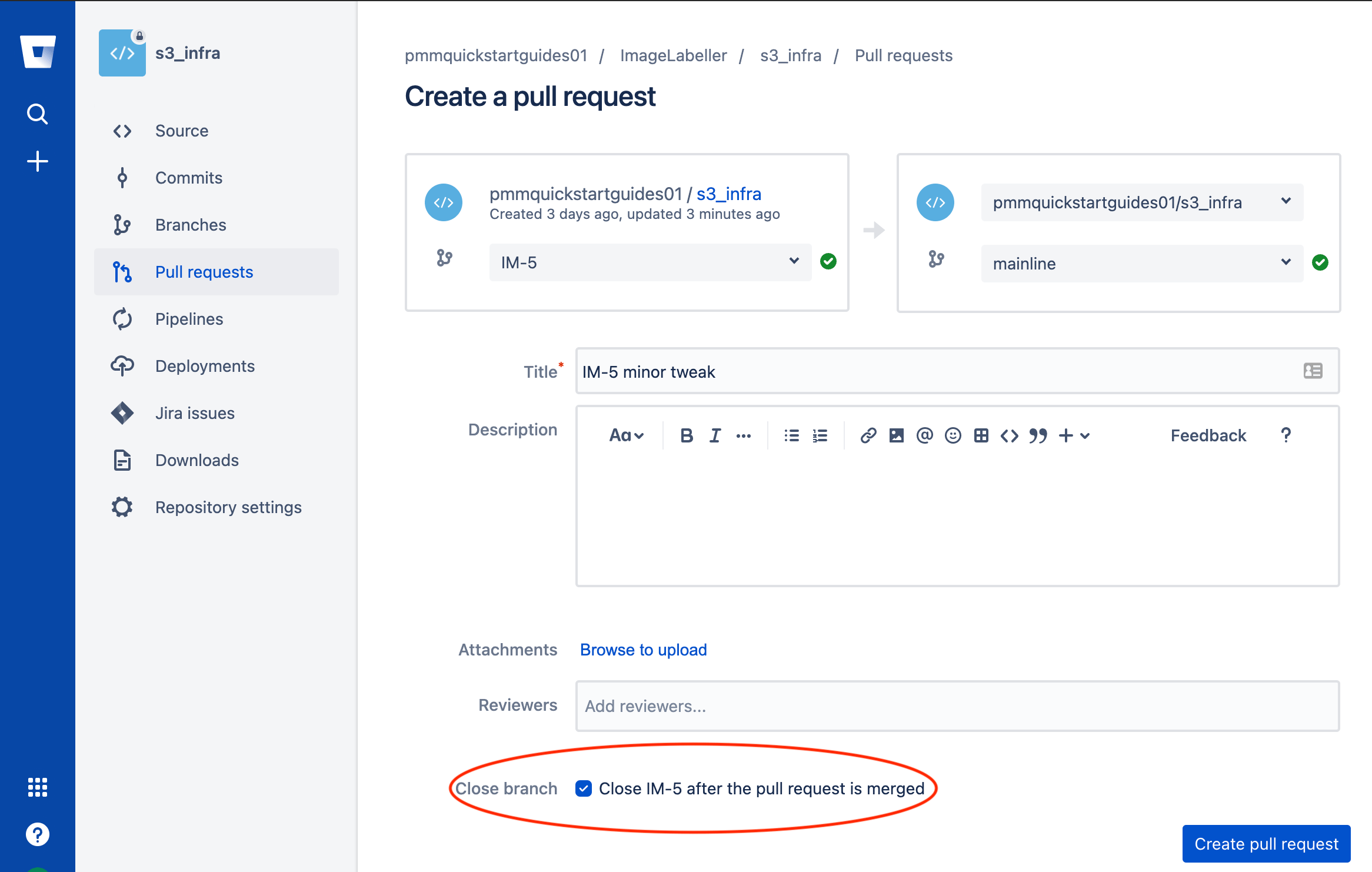 Creating a pull request modal in Bitbucket.