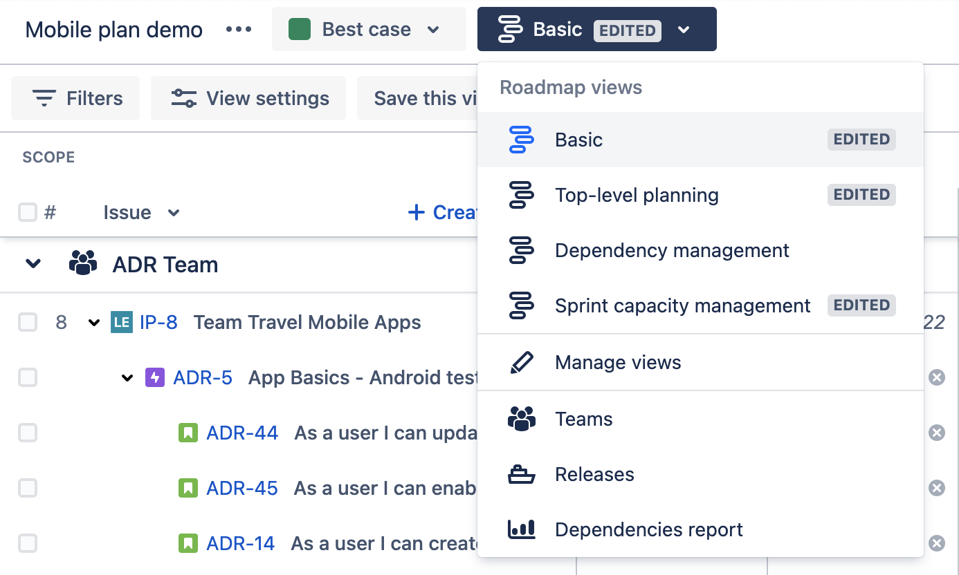 saved views in advanced roadmaps