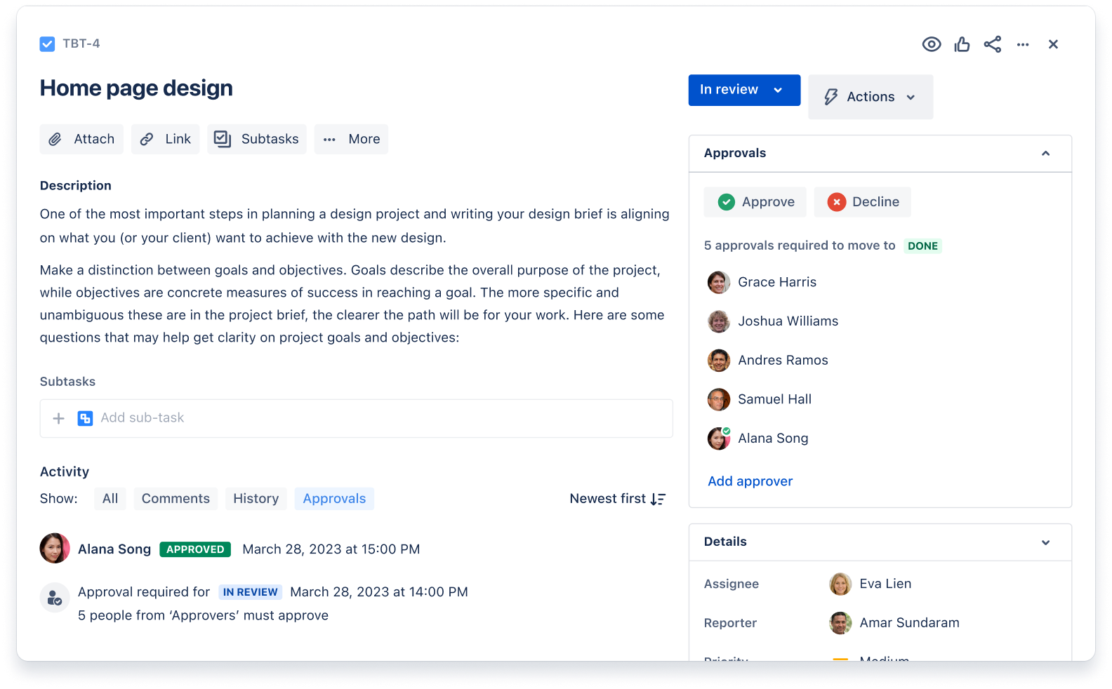 Design with approvals example in Jira Work Management.