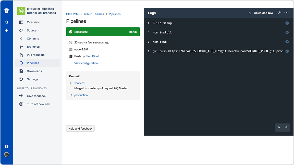 Un pipeline a été déclenché avec succès par la pull request | CI/CD Atlassian