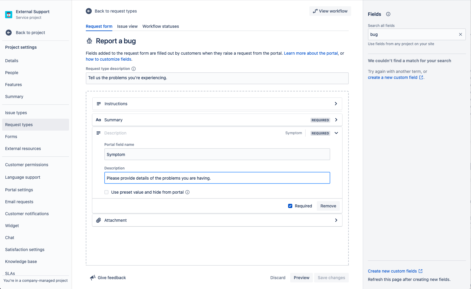 capture d'écran de modification du portail de signalement de bug