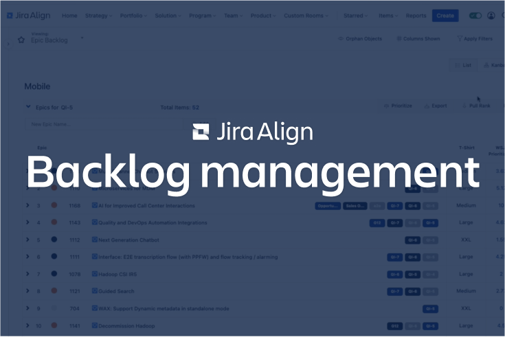 Tela Gerenciamento de backlog com o Jira Align