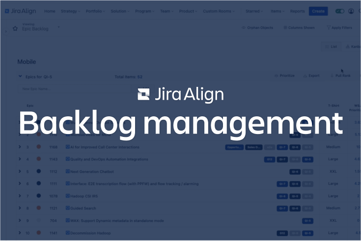 Jira Align을 통한 백로그 관리 화면