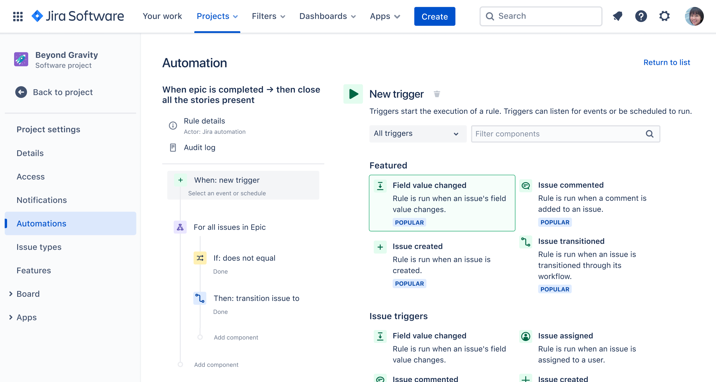 Automations screen in Jira software