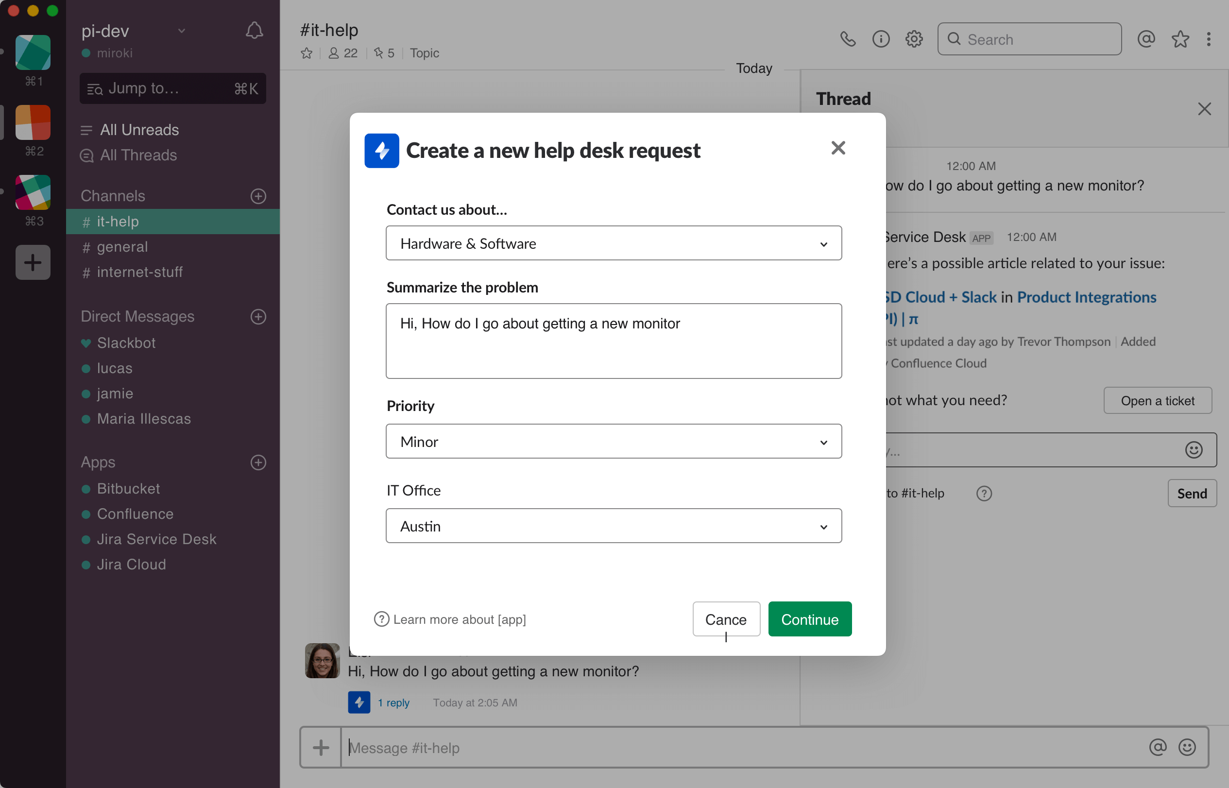 Jira Service Desk Slack integration screenshot