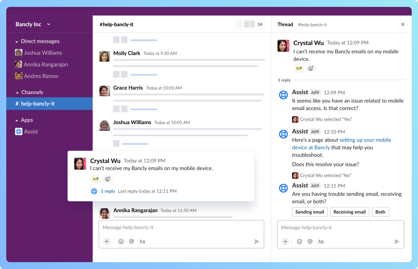 L'agent virtuel, une fonctionnalité de Jira Service Management Premium utilisée dans un canal d'aide Slack