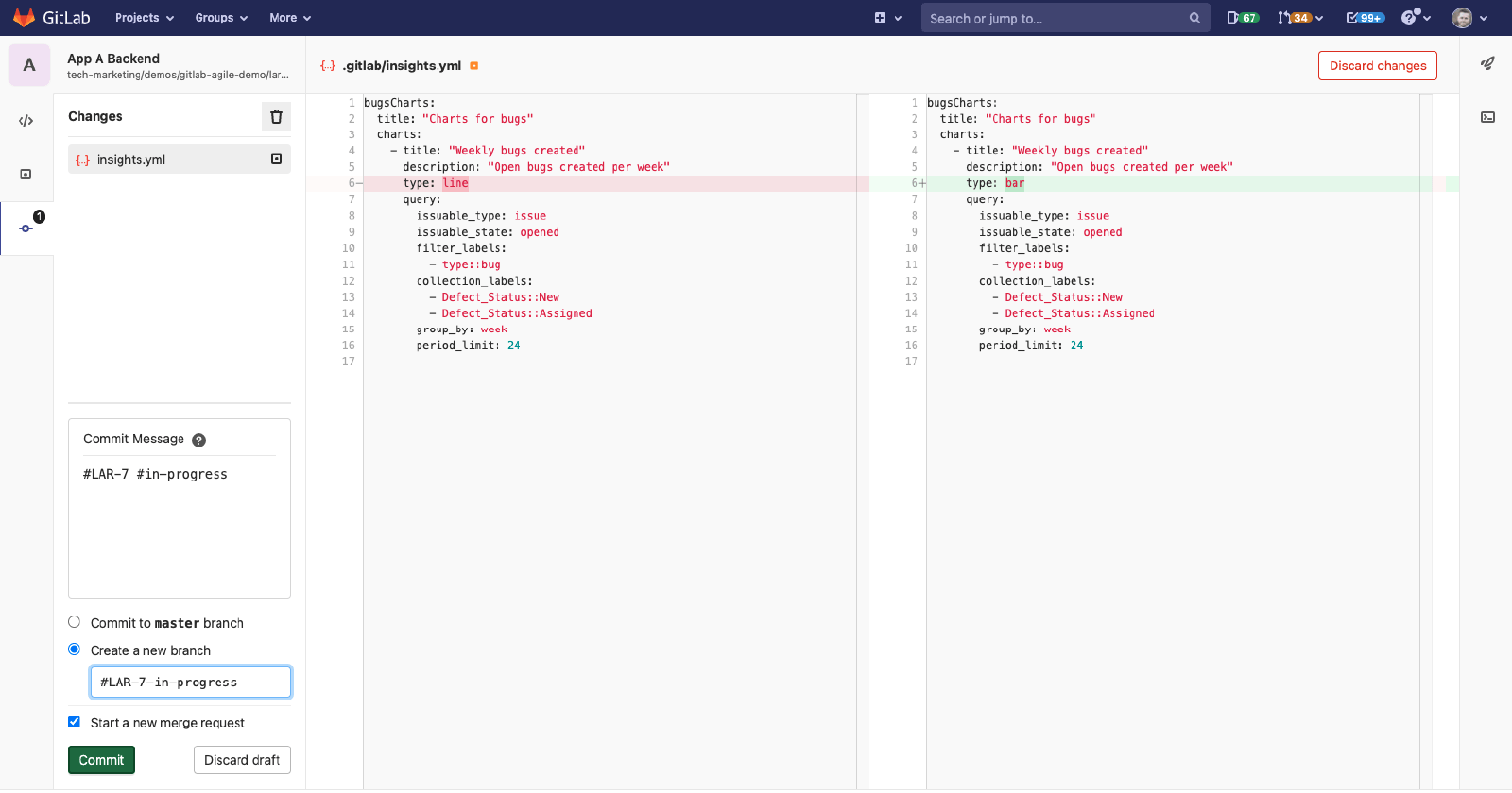 Commit e ramificação do GitLab ao item do Jira