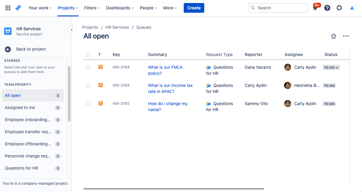 schermafbeelding van wachtrijen in Jira Service Management
