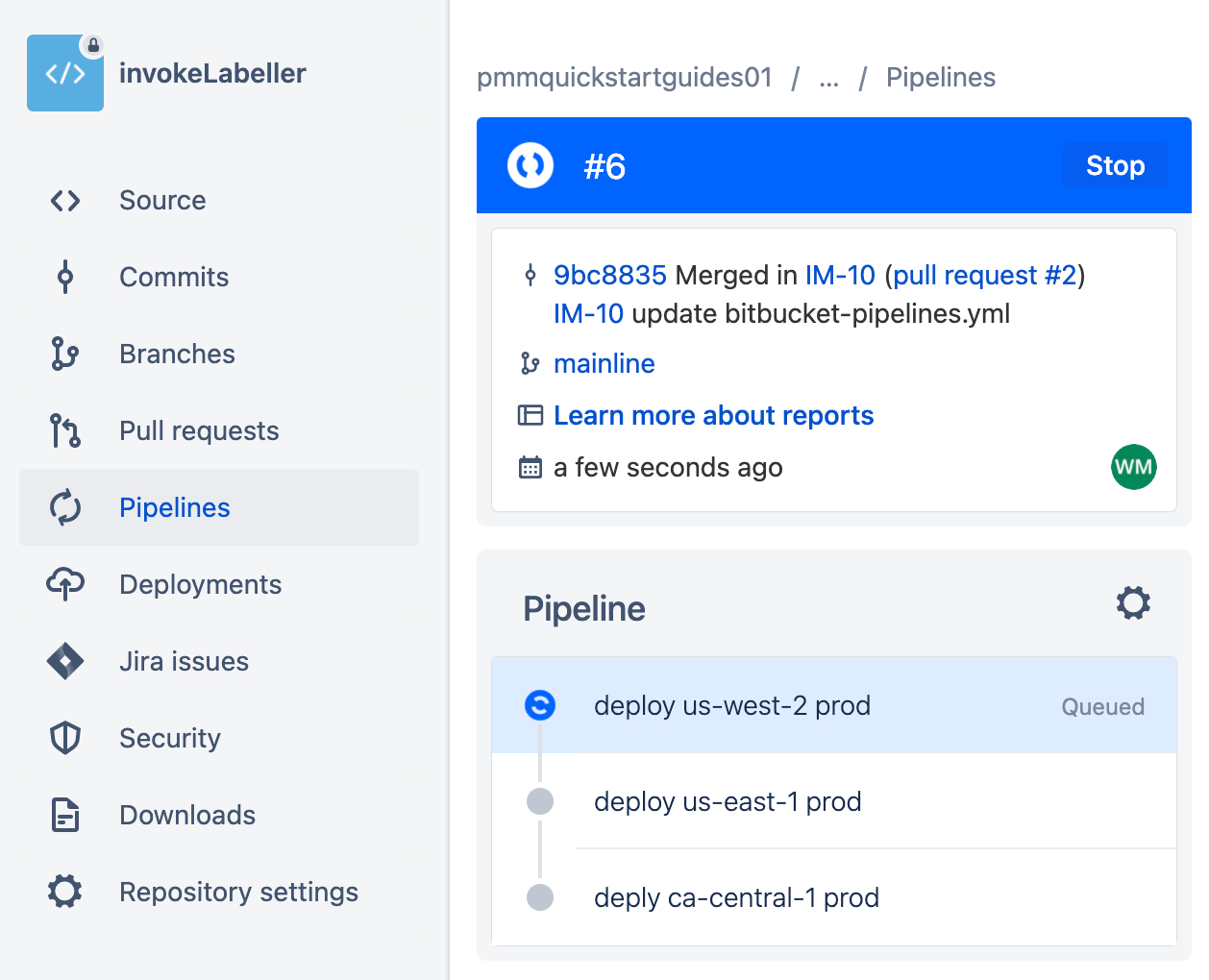 Просмотр развертывания в рабочую среду в Bitbucket Pipelines