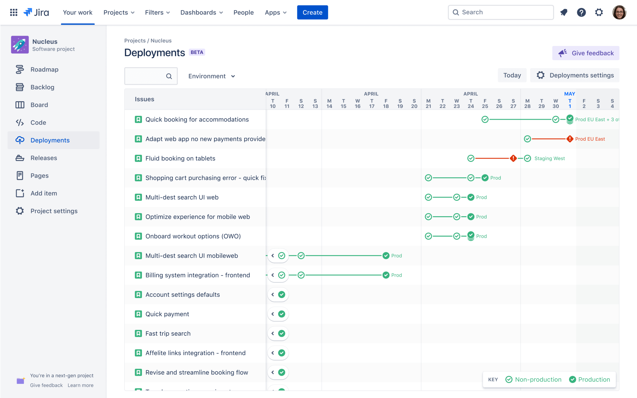 Jira での継続的デプロイのスクリーンショット